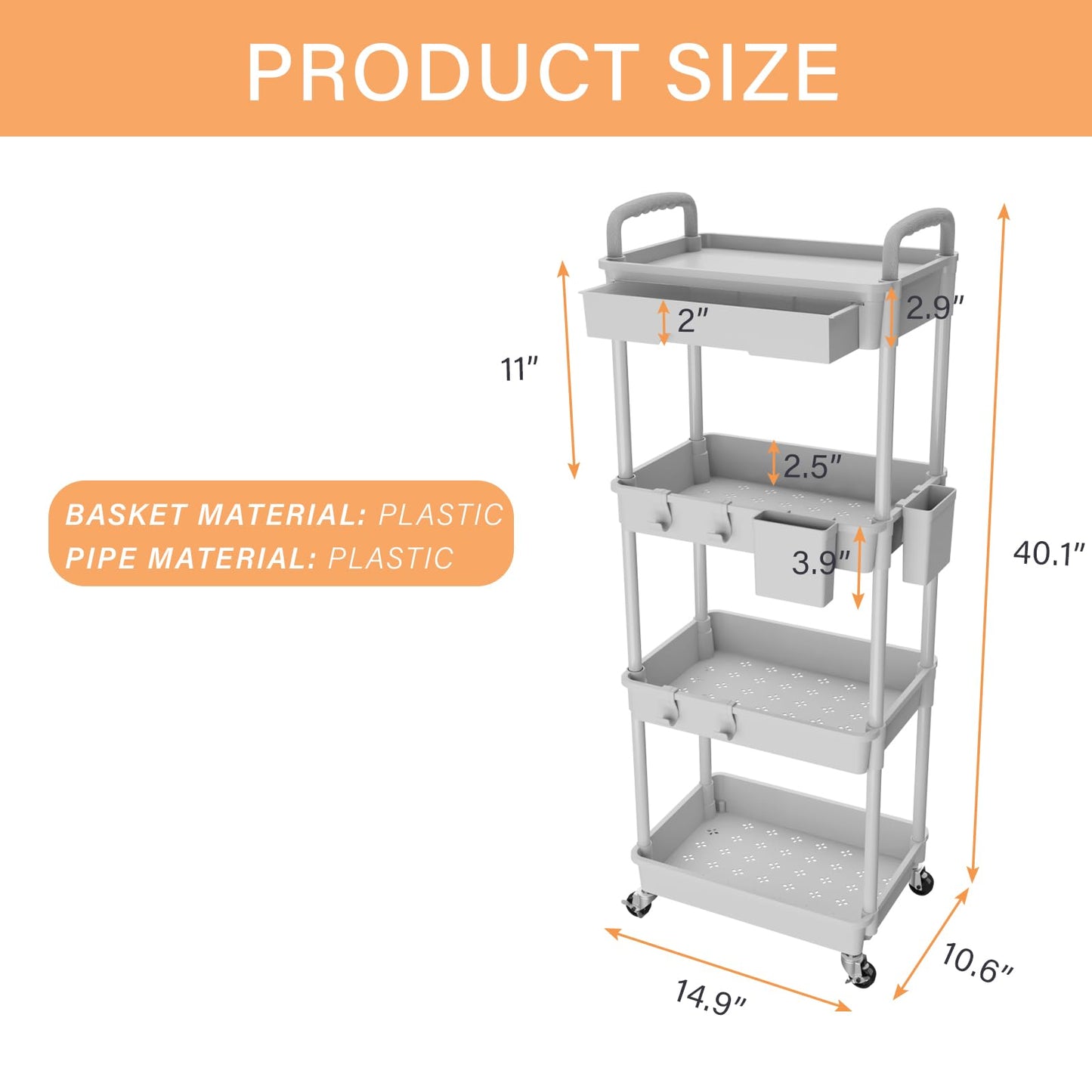 Rolling Utility Cart with Drawer,Storage Cart with Iron Wheels