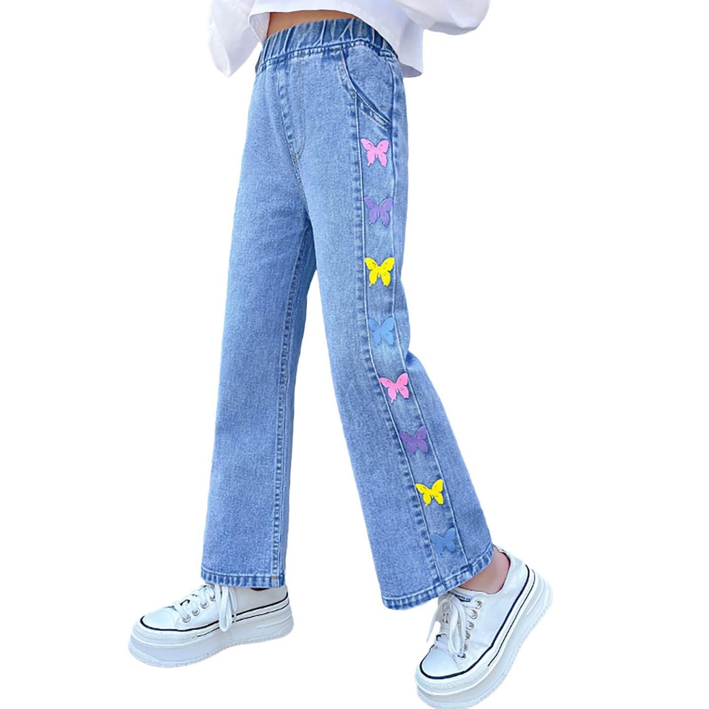 Girls Jeans Denim Elastic Wasit Wide Leg Baggy Pants