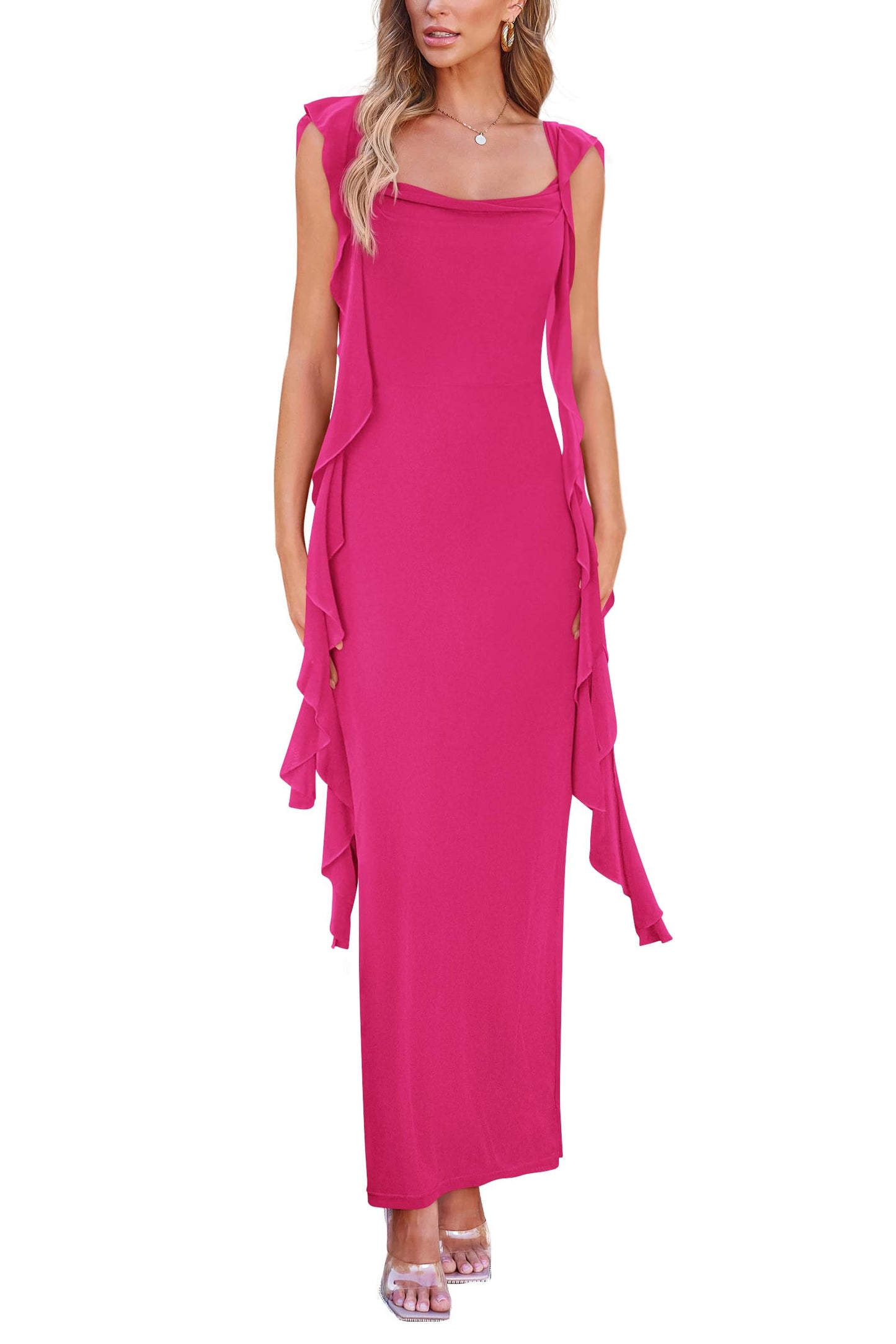 Women's Summer Long Sleeveless Ruffle Cocktail Party Maxi Bodycon Dress