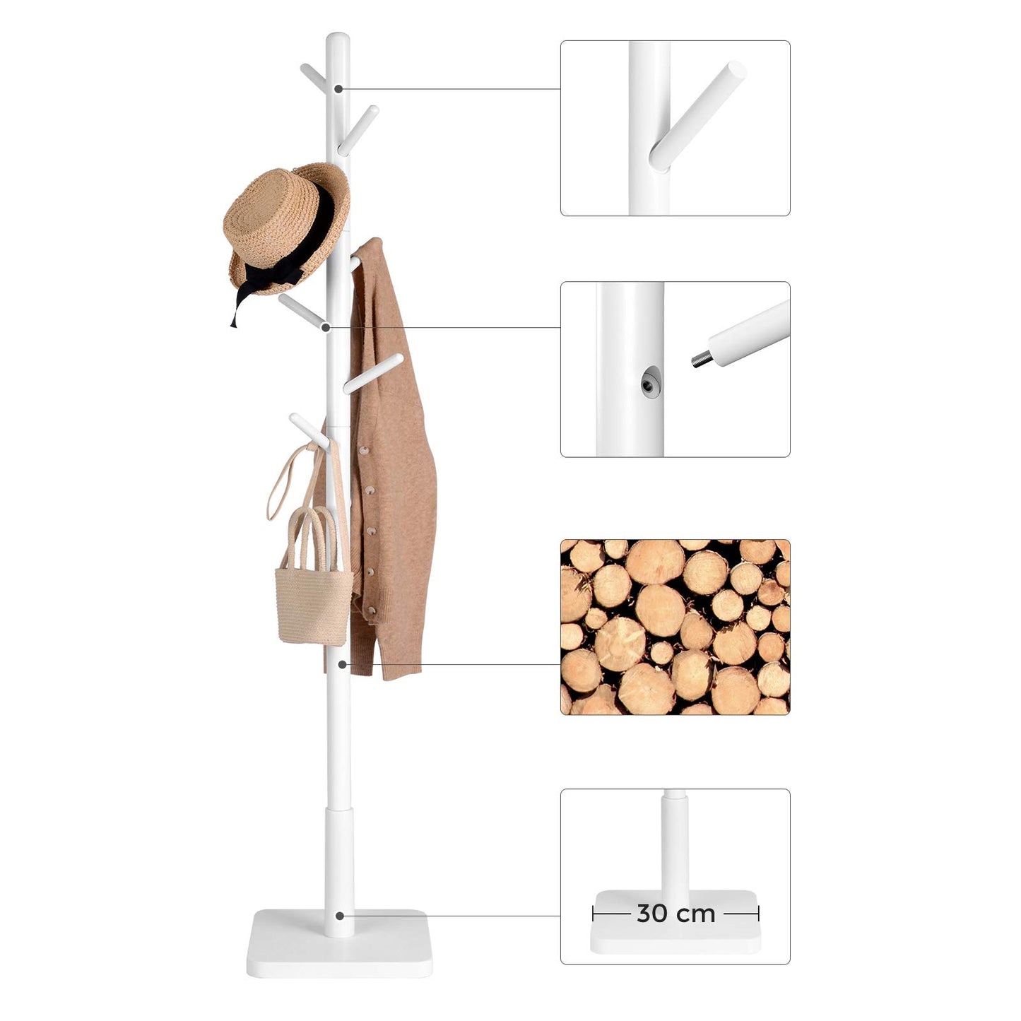 Solid Wood Coat Rack – Free-Standing Tree with 8 Hooks, Adjustable Height for Coats, Hats, and Bags