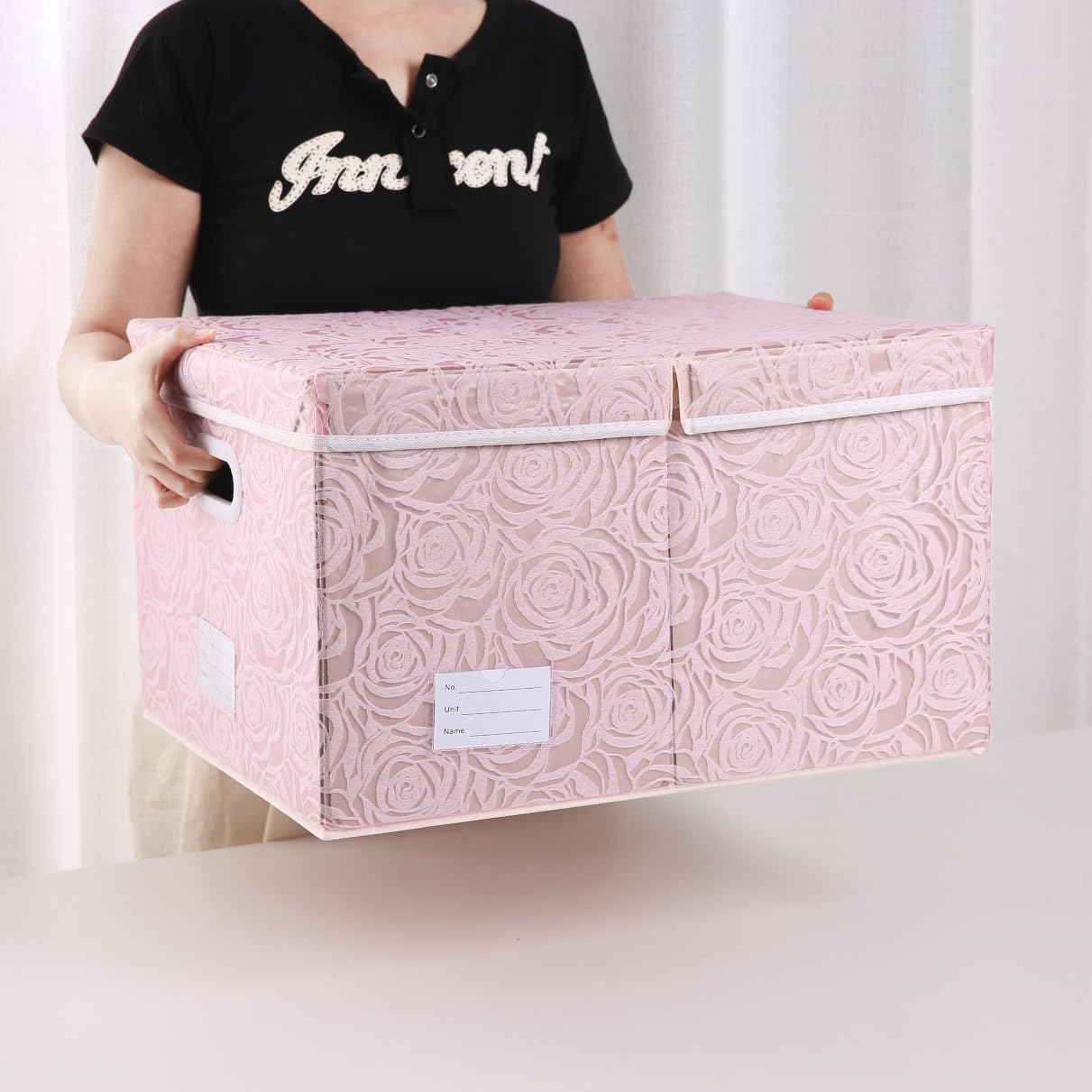 Larger Collapsible Storage Bin with Lid Fabric Decorative Storage Box Cube Organizer Container Baskes with Handles Divider for Bedroom Closet Living Room Pink 17.7x11.8x11.8 Inch