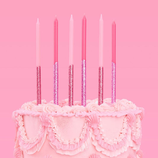 Pink Glitter Party Cake Candles Tall Thin - 10 Pcs