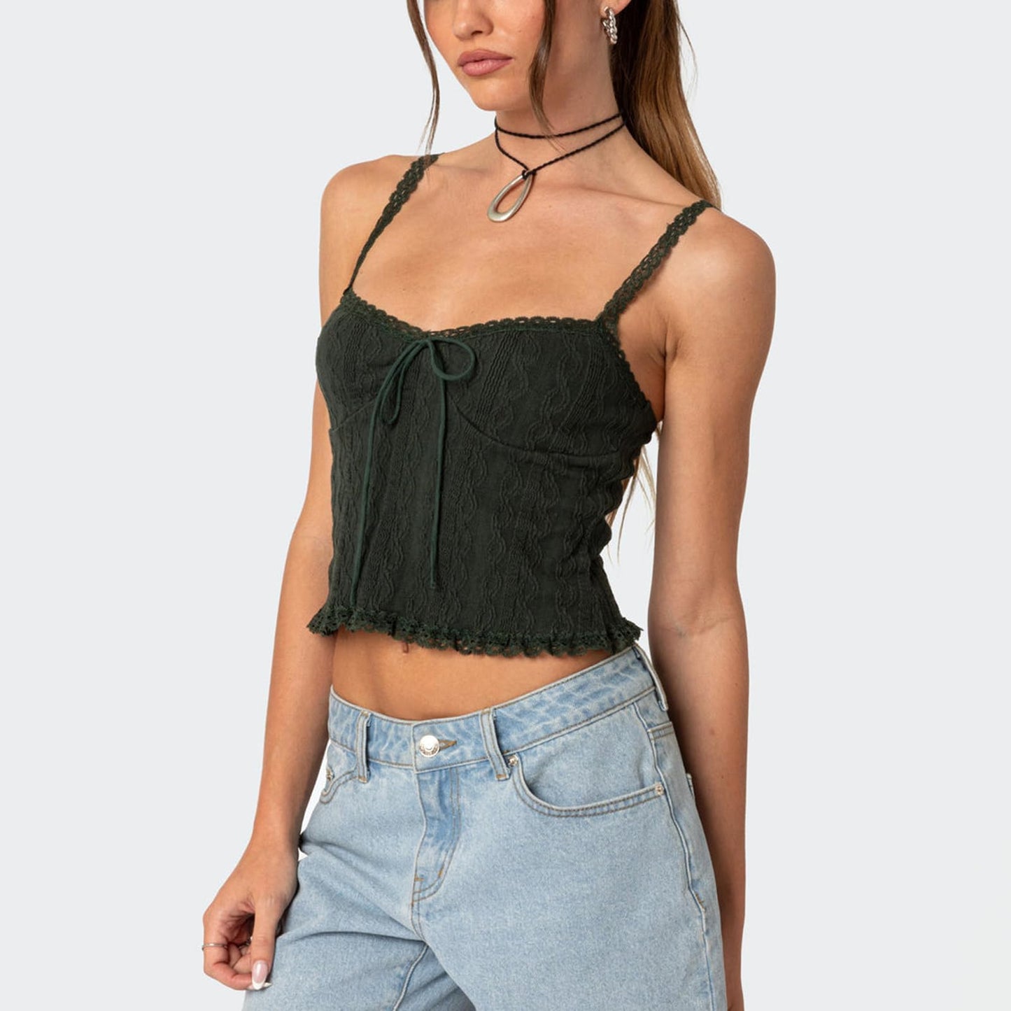 Women Y2k Lace Trim Crop Tank Top Spaghetti Strap