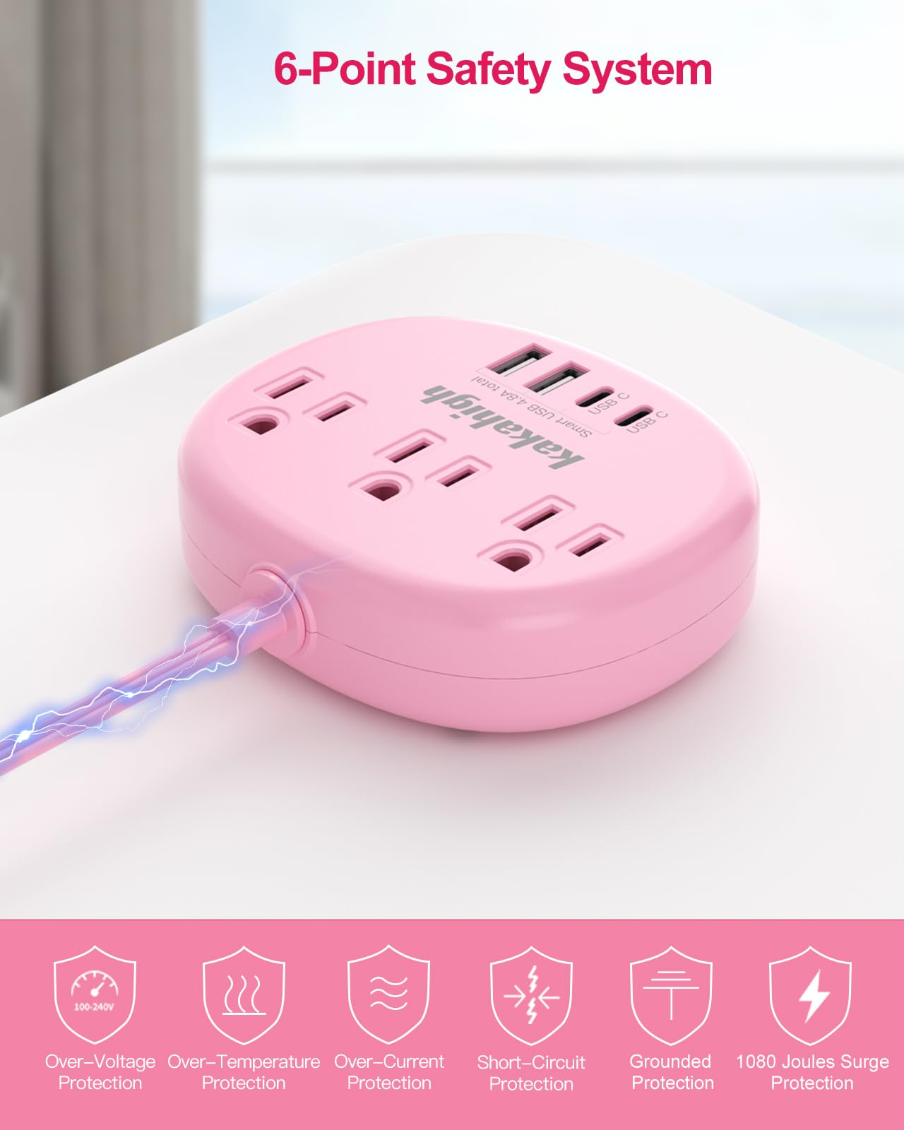 Cute Surge Protector – 5FT Flat Extension Cord, 3 Outlets, 4 USB Ports (24W)