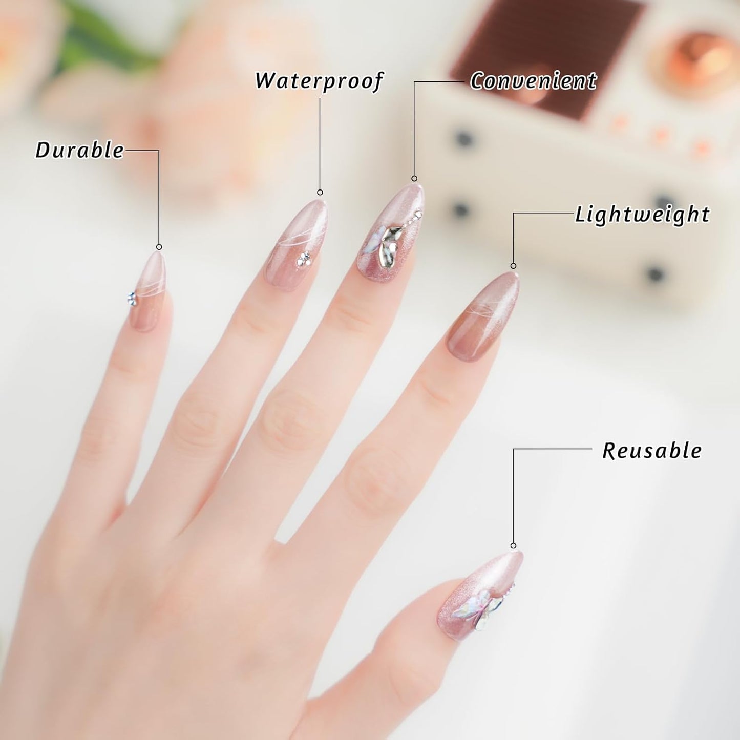 Press on Nails Medium Almond Pink Fake Nails Press ons with Butterfly Rhinestone Designs