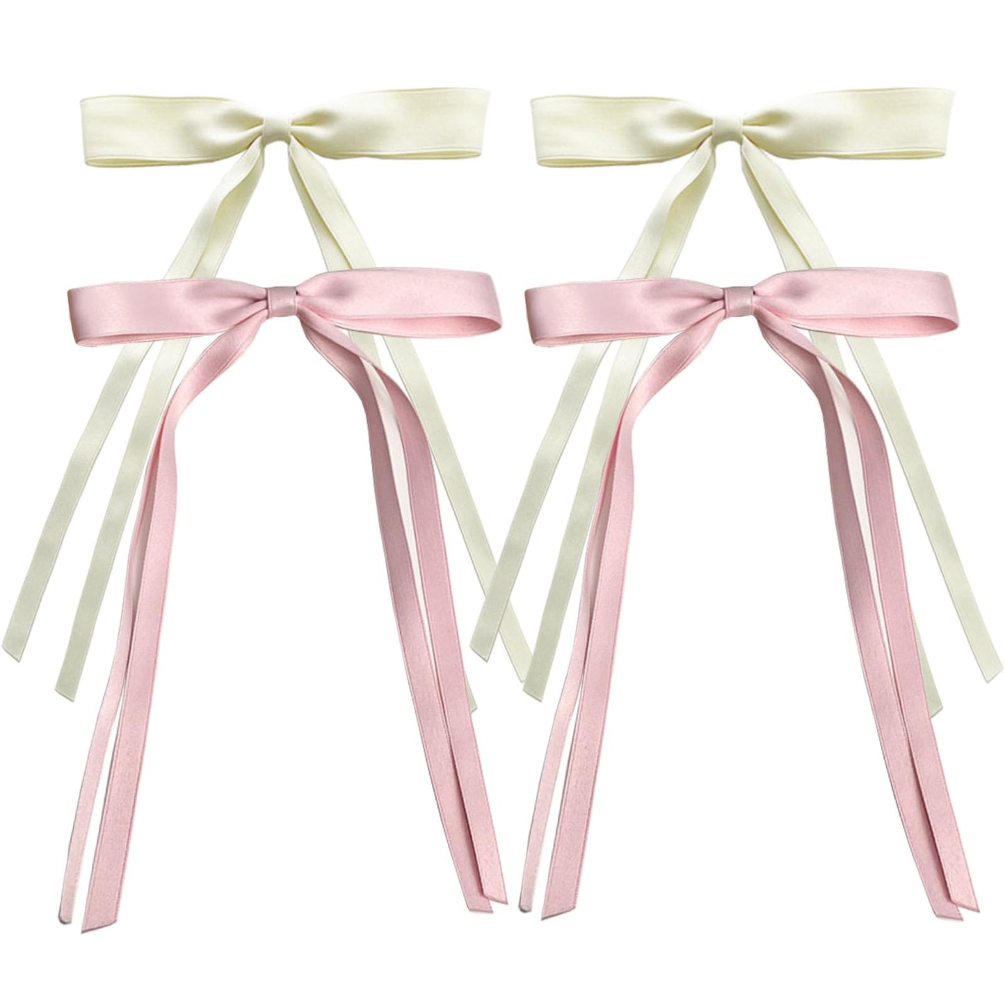 Satin 4-Piece Hair Ribbon Clips for Women and Girls – Pink and Beige Long Tail Bow Hair Accessories