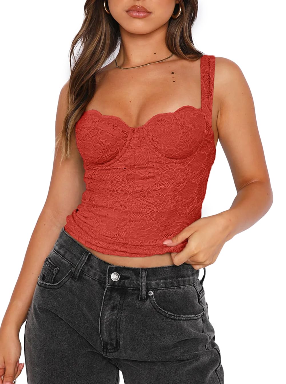 Sexy Square Neck Sleeveless Lace Bustier Tank Crop Top