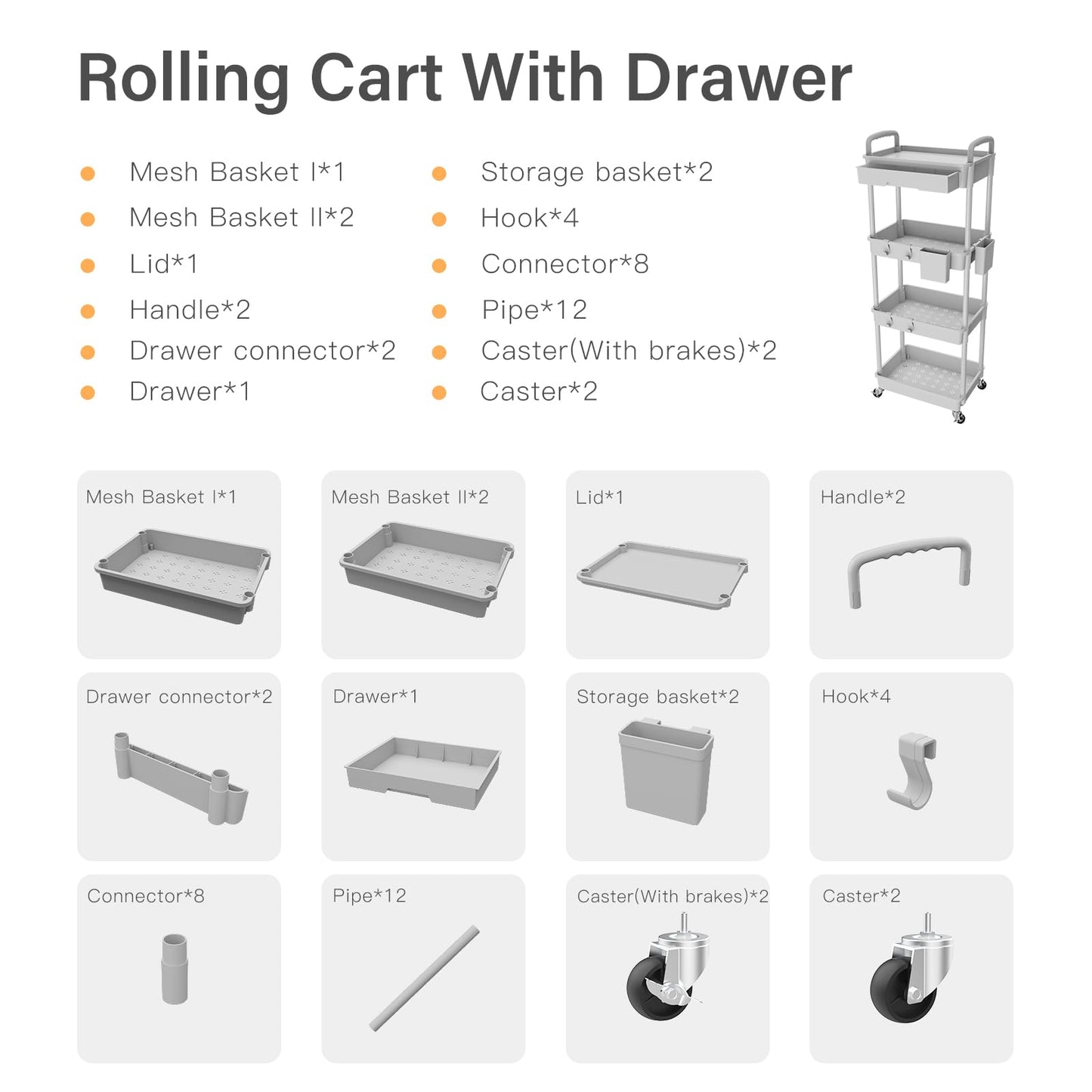 Rolling Utility Cart with Drawer,Storage Cart with Iron Wheels