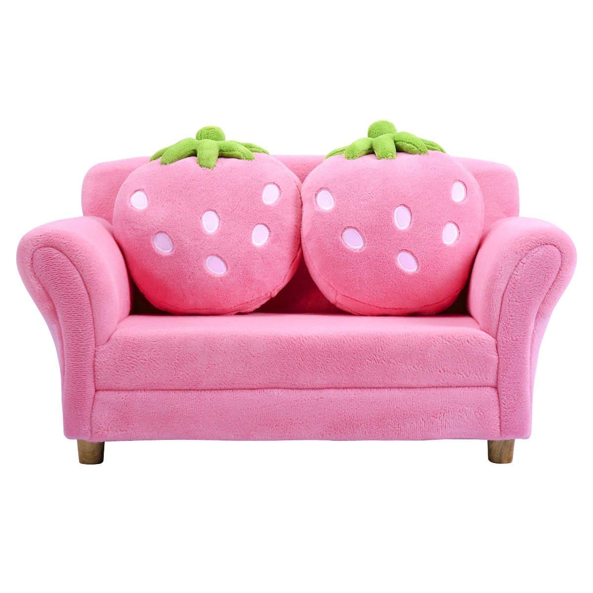 Pink Double Seat Children's Sofa with Strawberry Pillows, Soft Toddler Armchair for Bedroom & Living Room