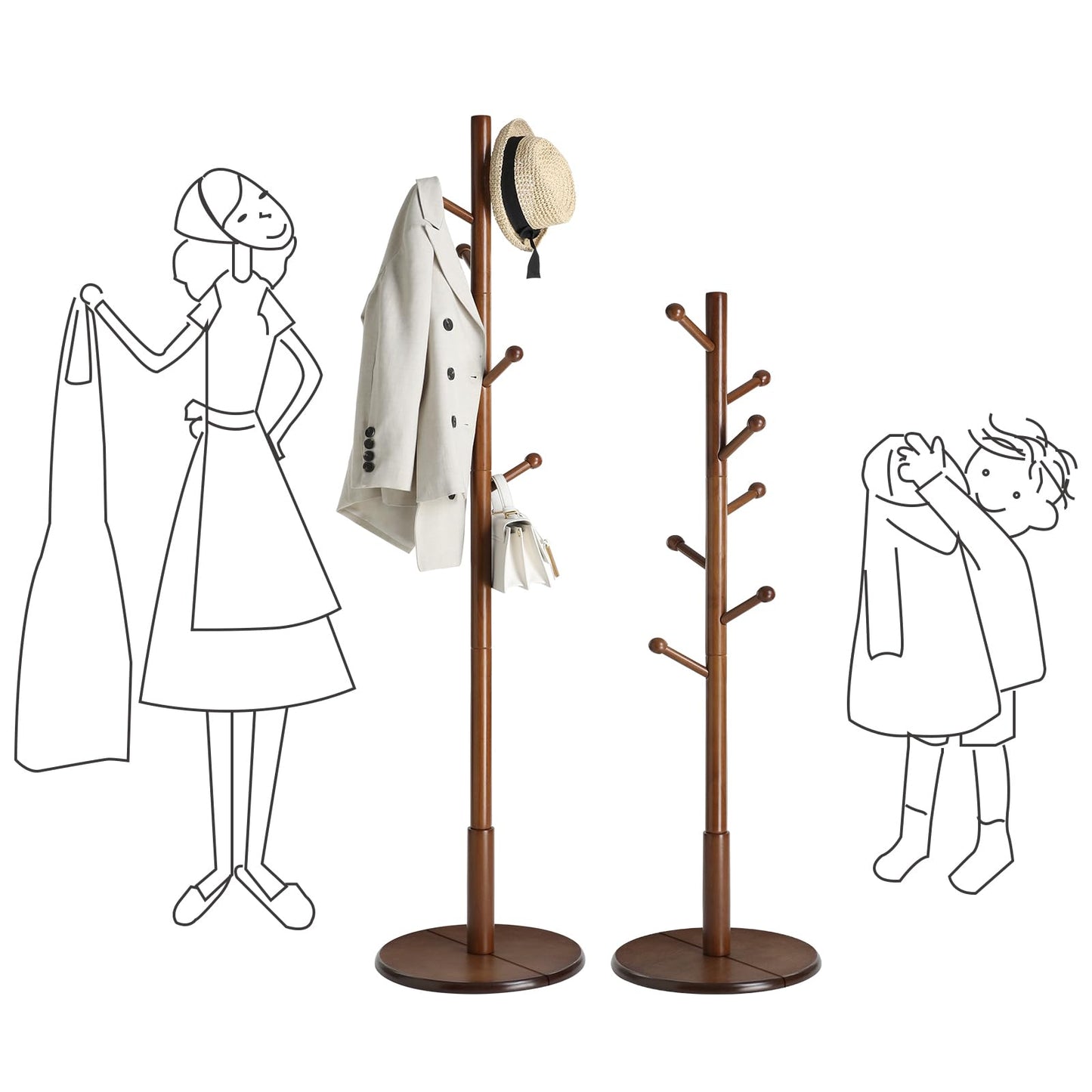 Solid Wood Coat Rack – Free-Standing Tree with 8 Hooks, Adjustable Height for Coats, Hats, and Bags