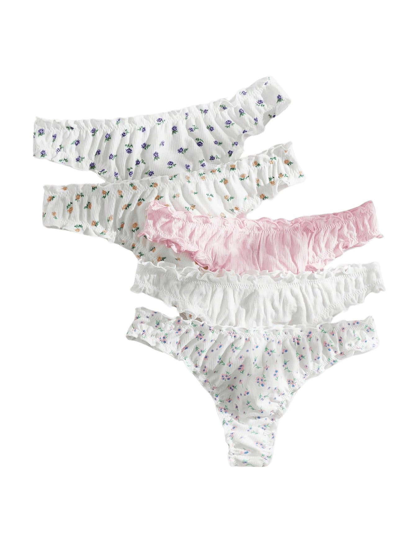 Women's 5pack Floral Print Low Rise Panty Set Frill Trim Textured Soft Underwear