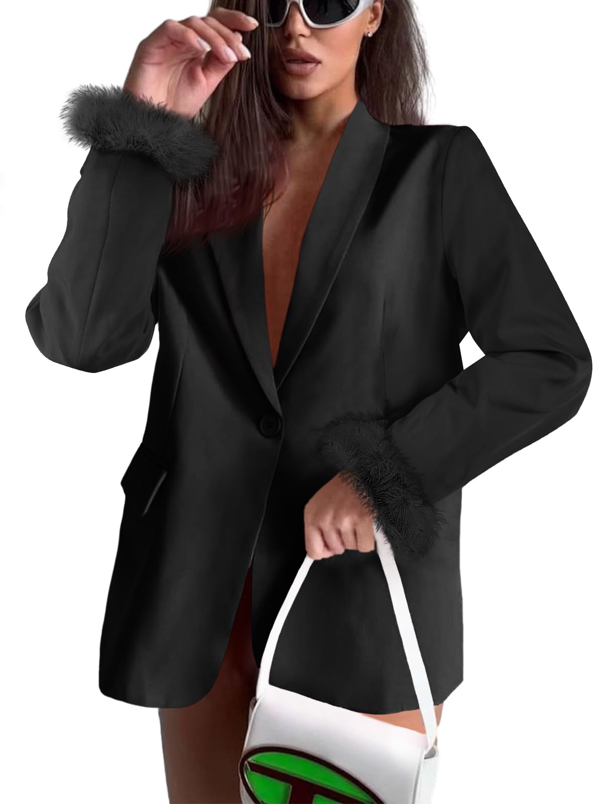 Womens Feather Cuff Oversized Blazer Jacket - Open Front Elegant Long Sleeve