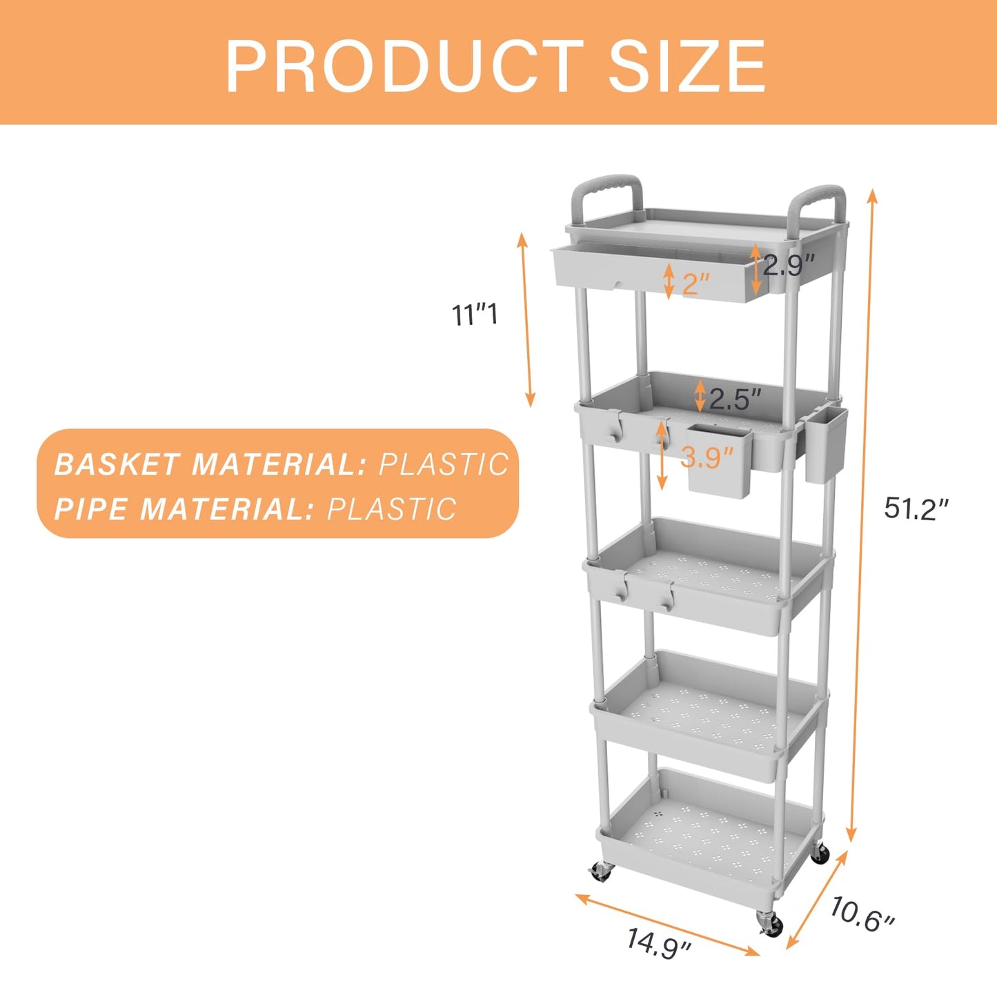 Rolling Utility Cart with Drawer,Storage Cart with Iron Wheels