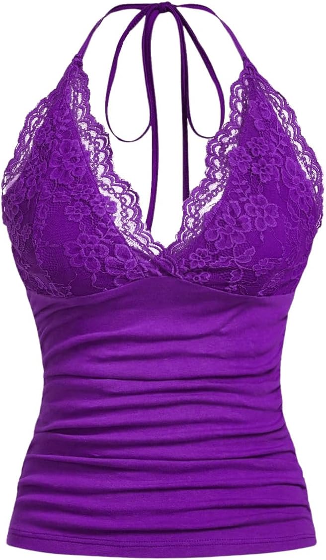 Women's Halter Top Y2K Lace V Neck Ruched Low Cut