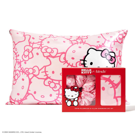 Hello Kitty Satin Pillowcase and Satin Scrunchies - Machine Washable, Wrinkle-Free, Standard Size 2 Piece Set