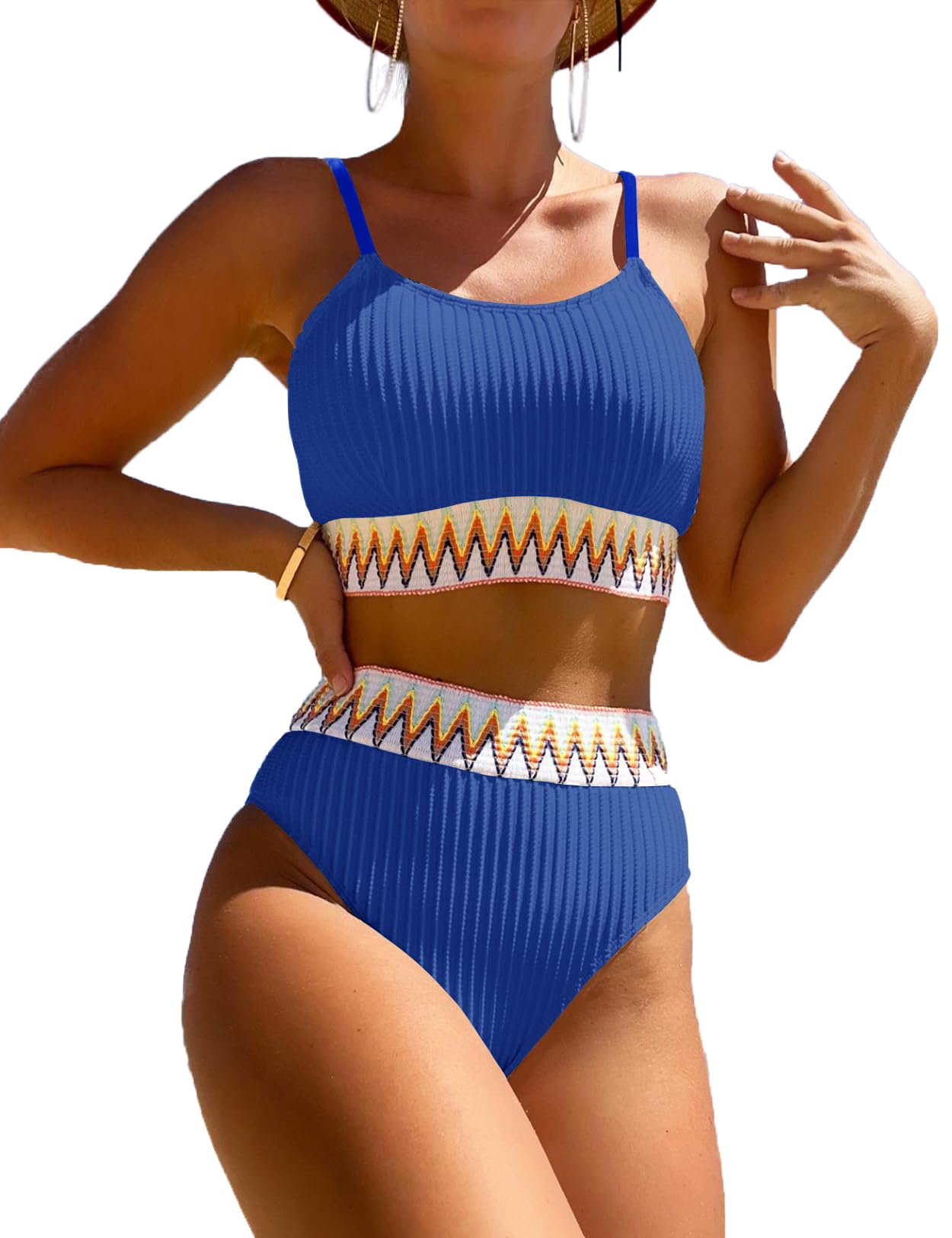 Women's High Waisted Swimsuit Two Piece Ribbed Bikini Sets Crop Top High Cut Cheeky Bathing Suits