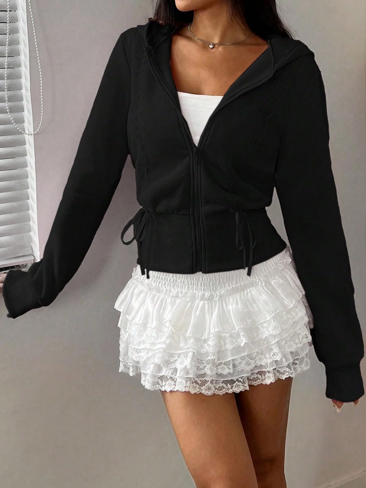 Women's Lace Patchwork Bow Zip-Up Crop Hoodie – Y2K Coquette Fleece Casual Hooded Sweatshirt