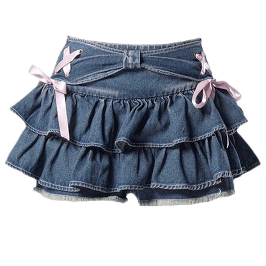 Y2K Women's Bow Low Waist Retro Pleated Skirt with Adjustable Waist A-line Mini Denim Skirt