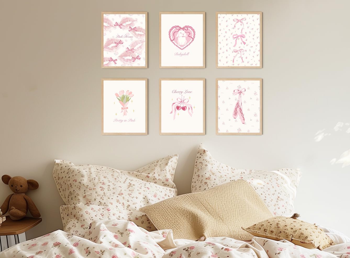 Coquette Room Decor Aesthetic, Pastel Pink Bows Posters (8" X 10", Set of 6, UNFRAMED)