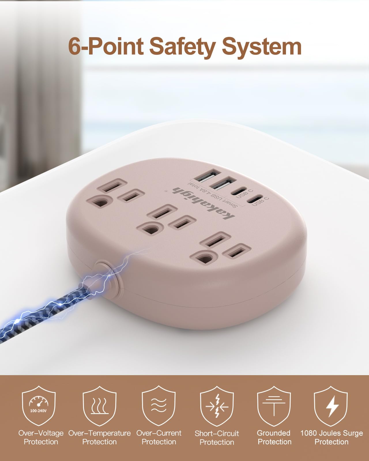 Cute Surge Protector – 5FT Flat Extension Cord, 3 Outlets, 4 USB Ports (24W)