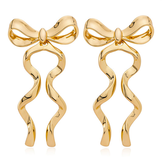 Gold Silver Bow Drop Earrings - Long Tassel Chain Bow Earrings