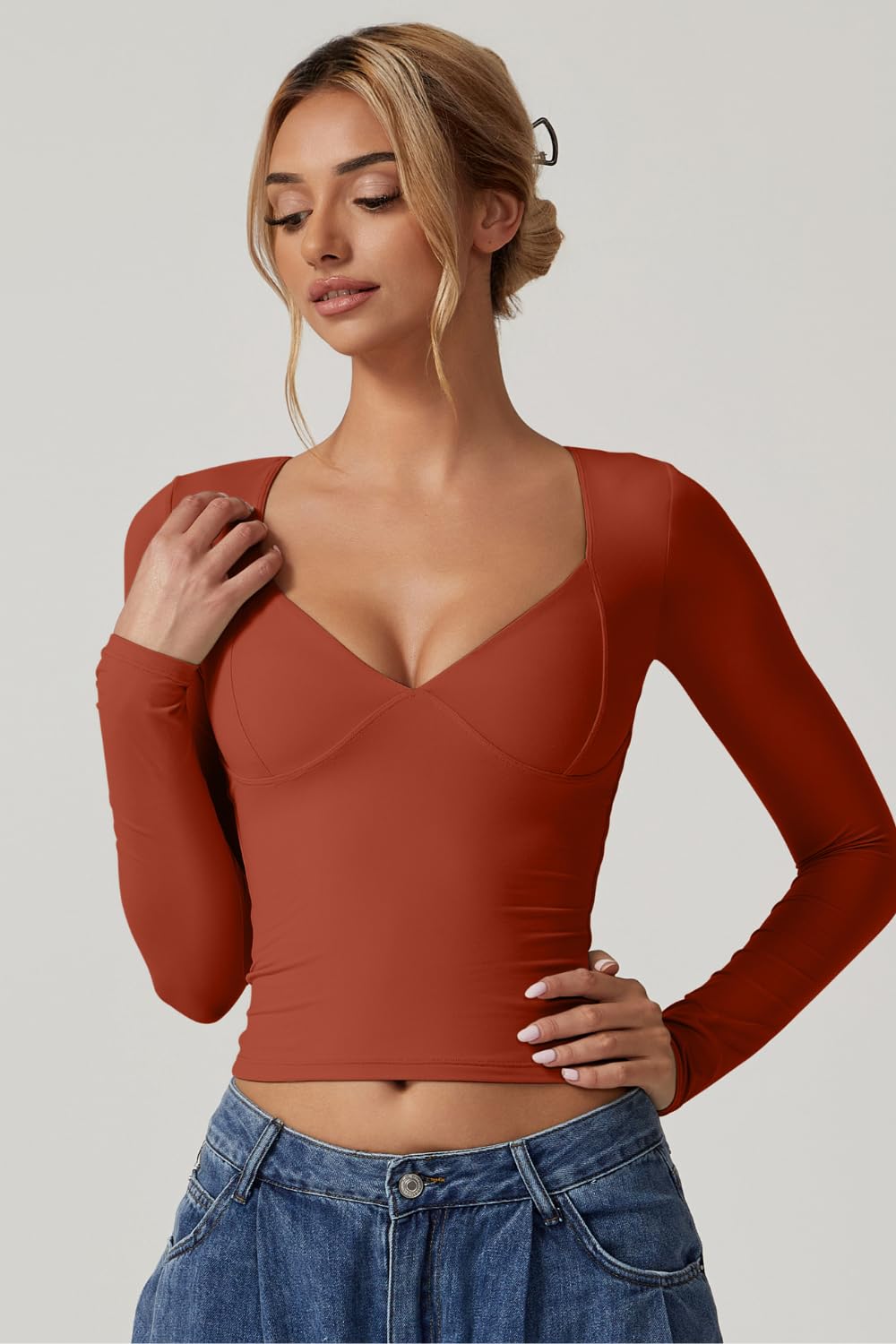 Women's Long Sleeve V Neck T Shirts - Double Lined Crop Top Seamed Cup