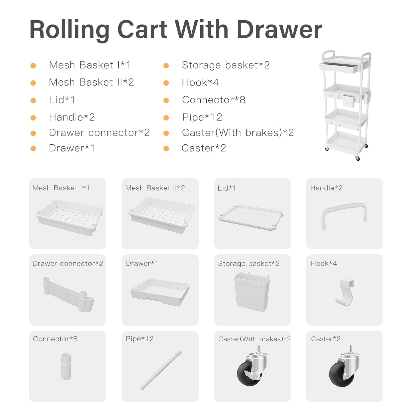 Rolling Utility Cart with Drawer,Storage Cart with Iron Wheels