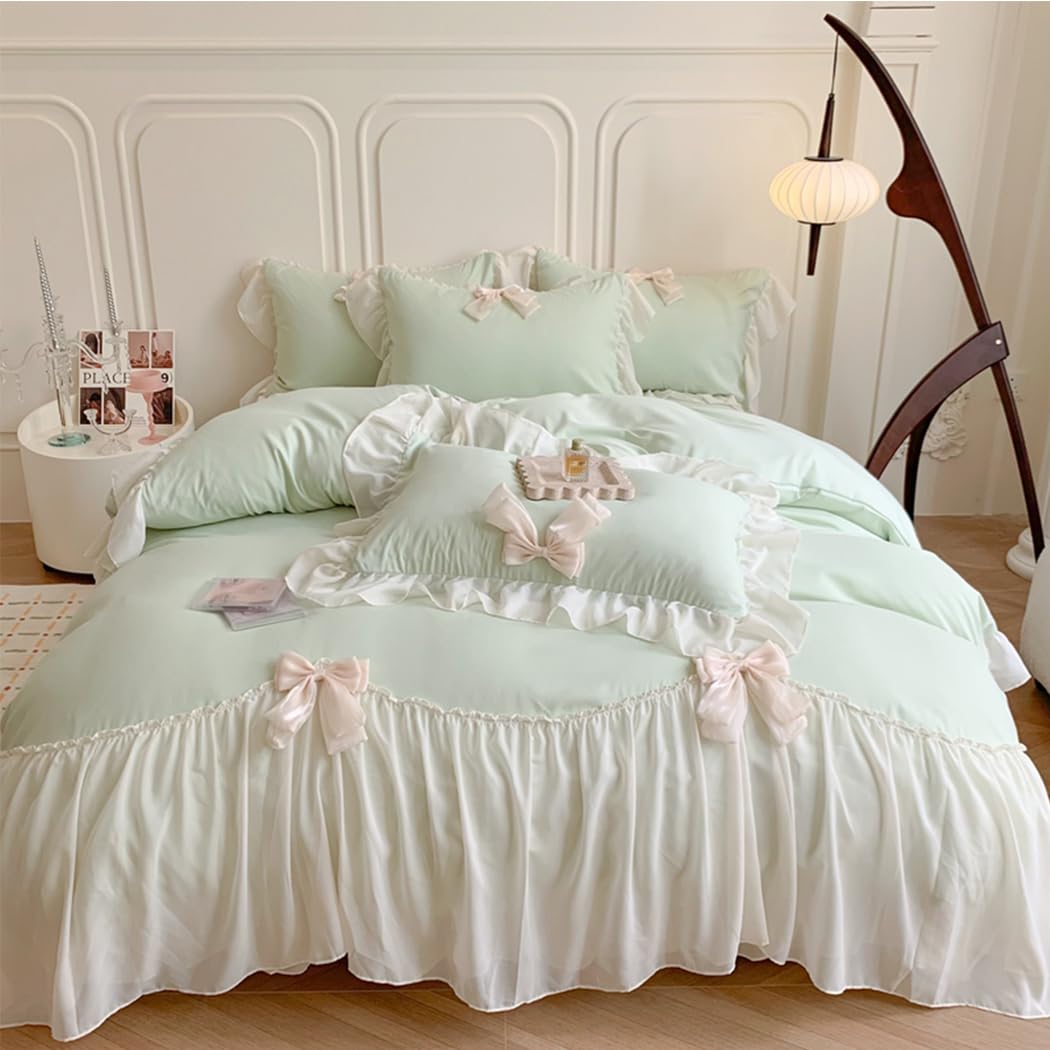 Princess Style Lace Bedding Comforter Cover Set, Chic Ruffled Duvet Cover with Lovely Bow, 1 Duvet Cover with 2 Pillowcases, No Comforter