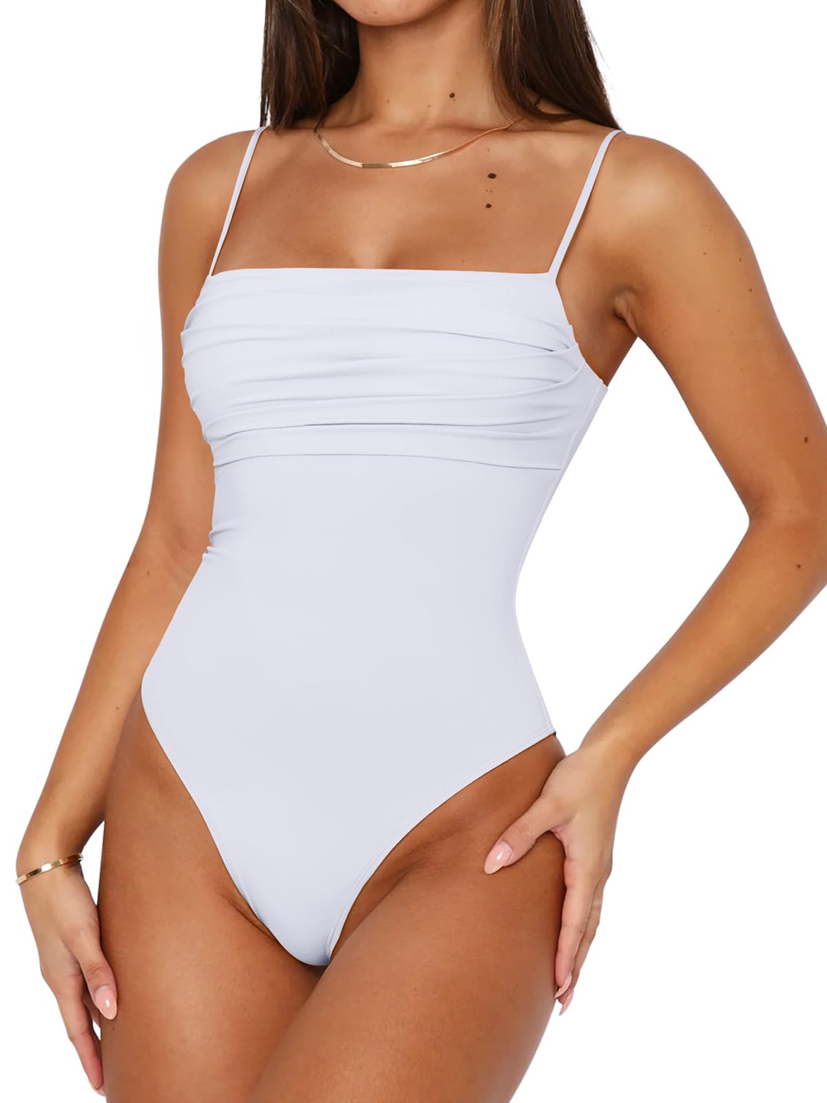 Womens Sexy Spaghetti Ruched Double Lined Square Neck Bodysuit