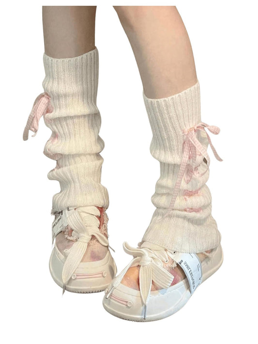 Women's Y2K Coquette Bow Tie Knit Leg Warmers – Kawaii Stacked Boot Socks in White, One Size