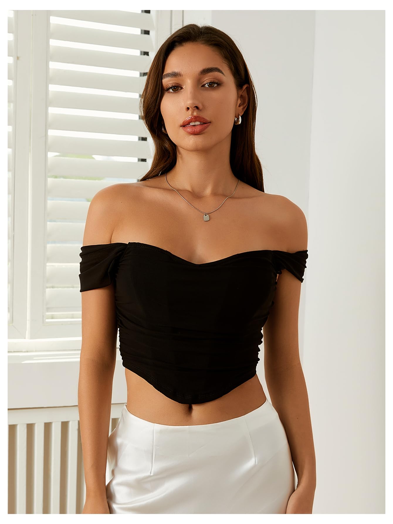 Women's Off Shoulder Short Sleeve Asymmetrical Hem Ruched Corset Crop Top