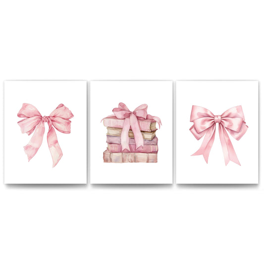 Coquette Pink Bow Girly Books Wall Art Prints Set of 3, 8x10 Unframed