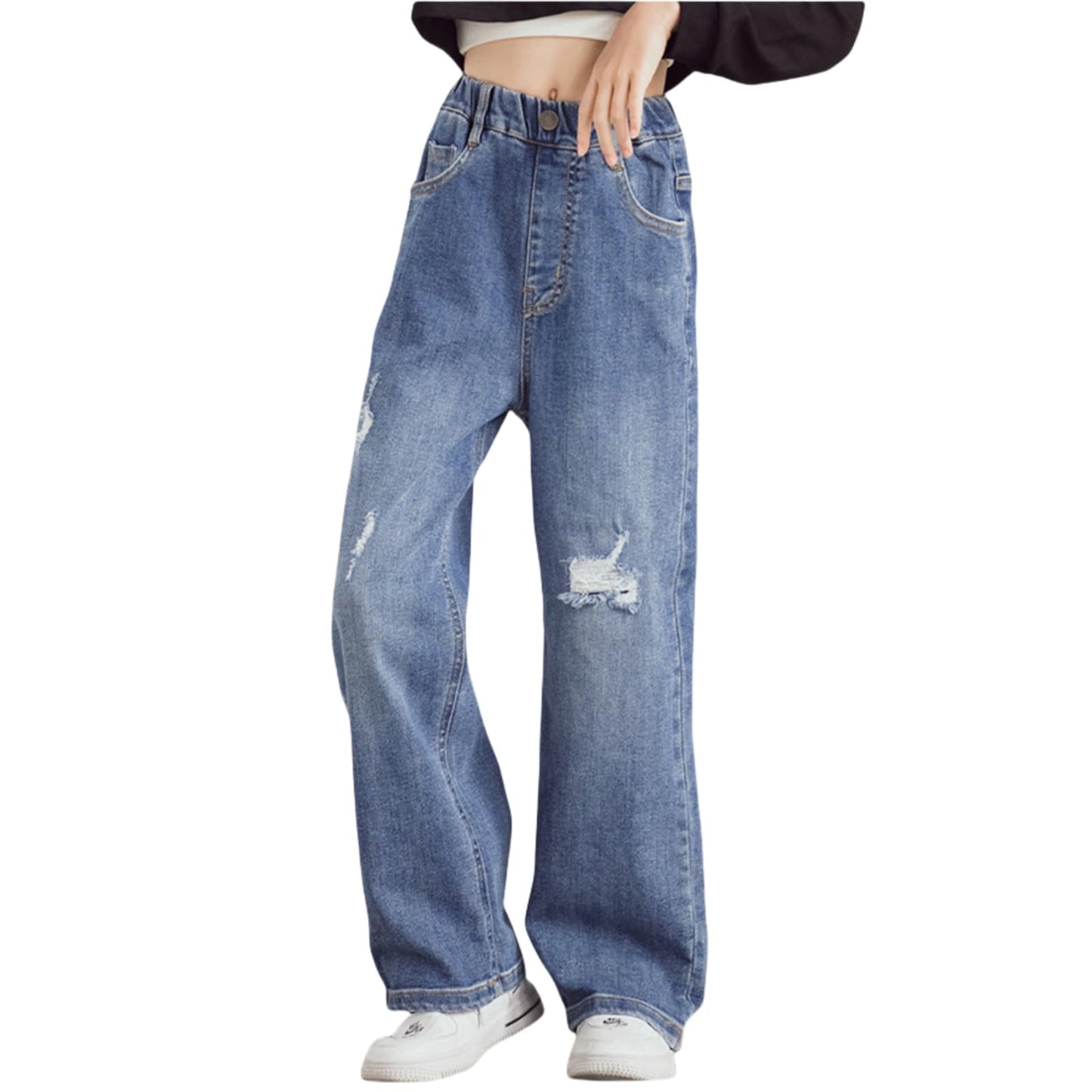 Girls Jeans Denim Elastic Wasit Wide Leg Baggy Pants