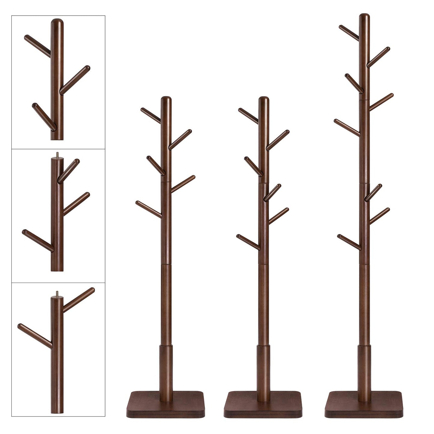 Solid Wood Coat Rack – Free-Standing Tree with 8 Hooks, Adjustable Height for Coats, Hats, and Bags