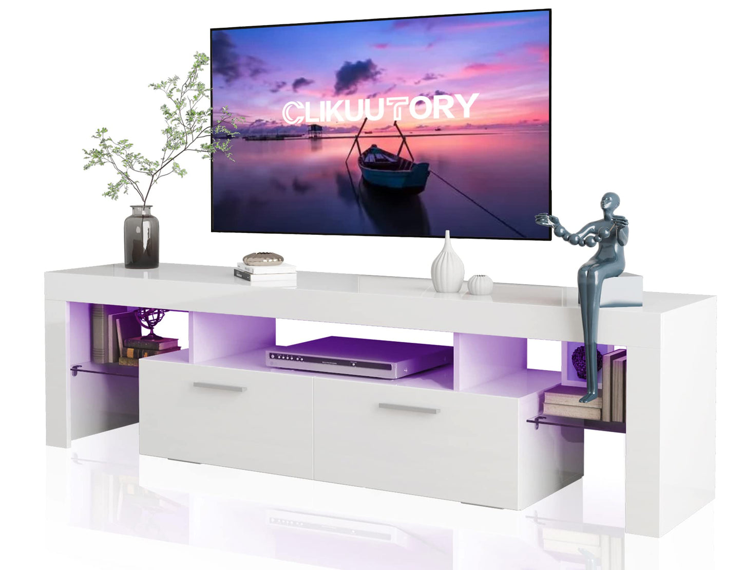 LED TV Stand with Large Storage Drawer -  Modern High Gloss TV Console Table with Entertainment Center