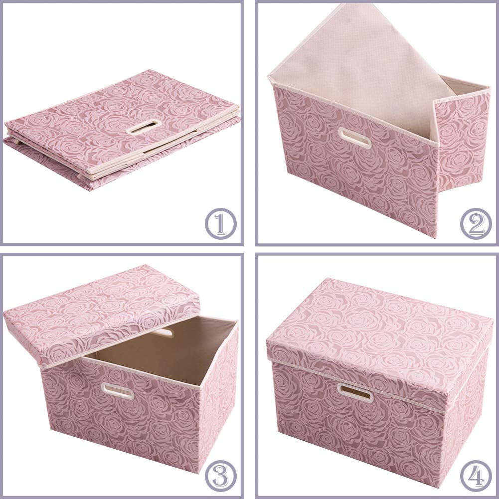 Larger Collapsible Storage Bin with Lid Fabric Decorative Storage Box Cube Organizer Container Baskes with Handles Divider for Bedroom Closet Living Room Pink 17.7x11.8x11.8 Inch