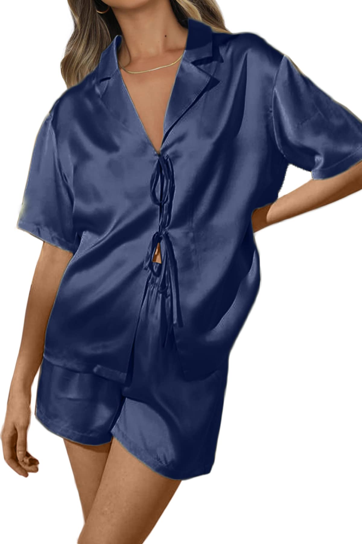 Women's Silk Satin Pajamas Sets Tie Front Short Sleeve Tops and Shorts Two Piece Pj Sets Sleepwear