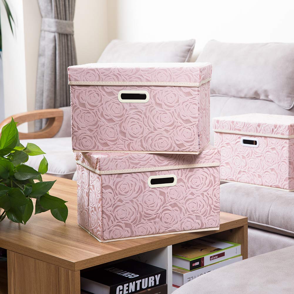 Larger Collapsible Storage Bin with Lid Fabric Decorative Storage Box Cube Organizer Container Baskes with Handles Divider for Bedroom Closet Living Room Pink 17.7x11.8x11.8 Inch