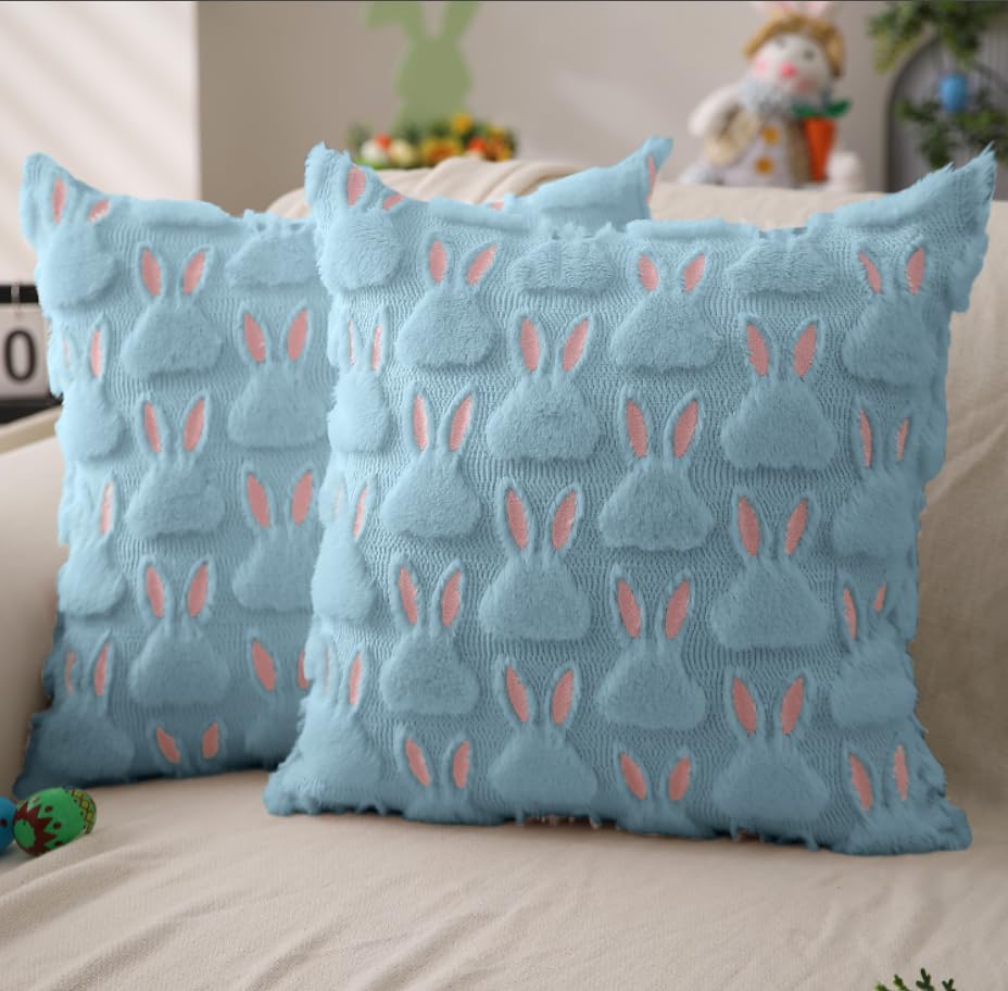 Easter Bunny Pillow Covers | Set of 2 Easter Soft Plush Faux Fur Jacquard Throw Pillows