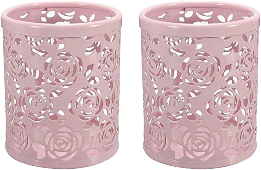 Hollow Rose Flower Pattern Metal Pen Pencil Pot Cup Holder Desk Container Organizer,2 Pieces Pink