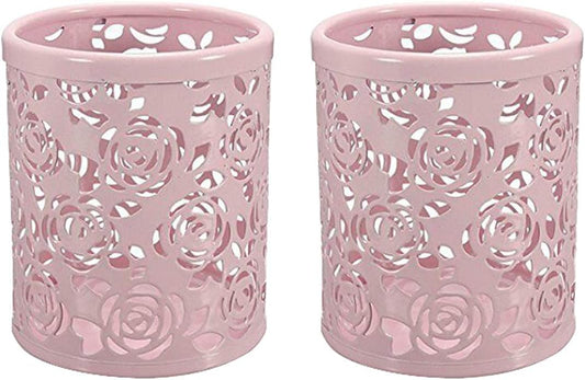 Hollow Rose Flower Pattern Metal Pen Pencil Pot Cup Holder Desk Container Organizer,2 Pieces Pink