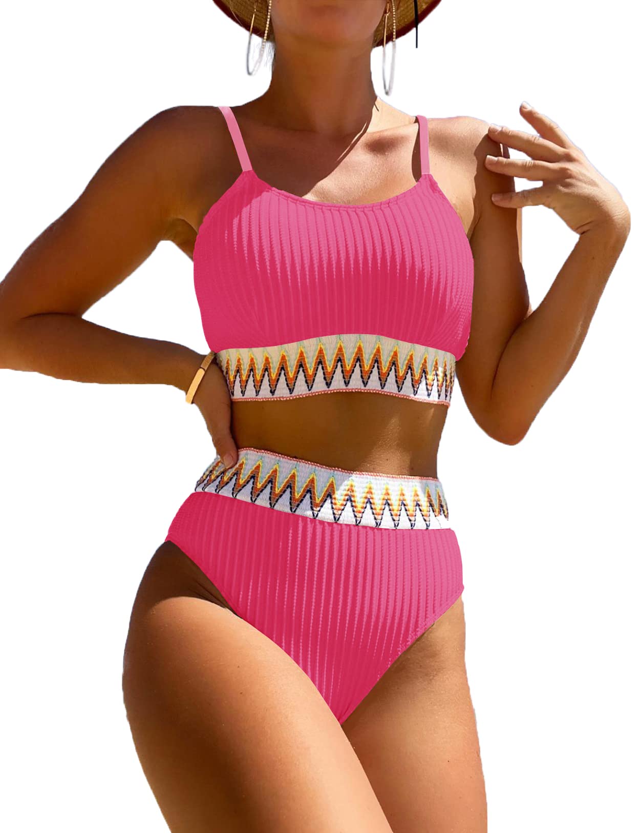 Women's High Waisted Swimsuit Two Piece Ribbed Bikini Sets Crop Top High Cut Cheeky Bathing Suits