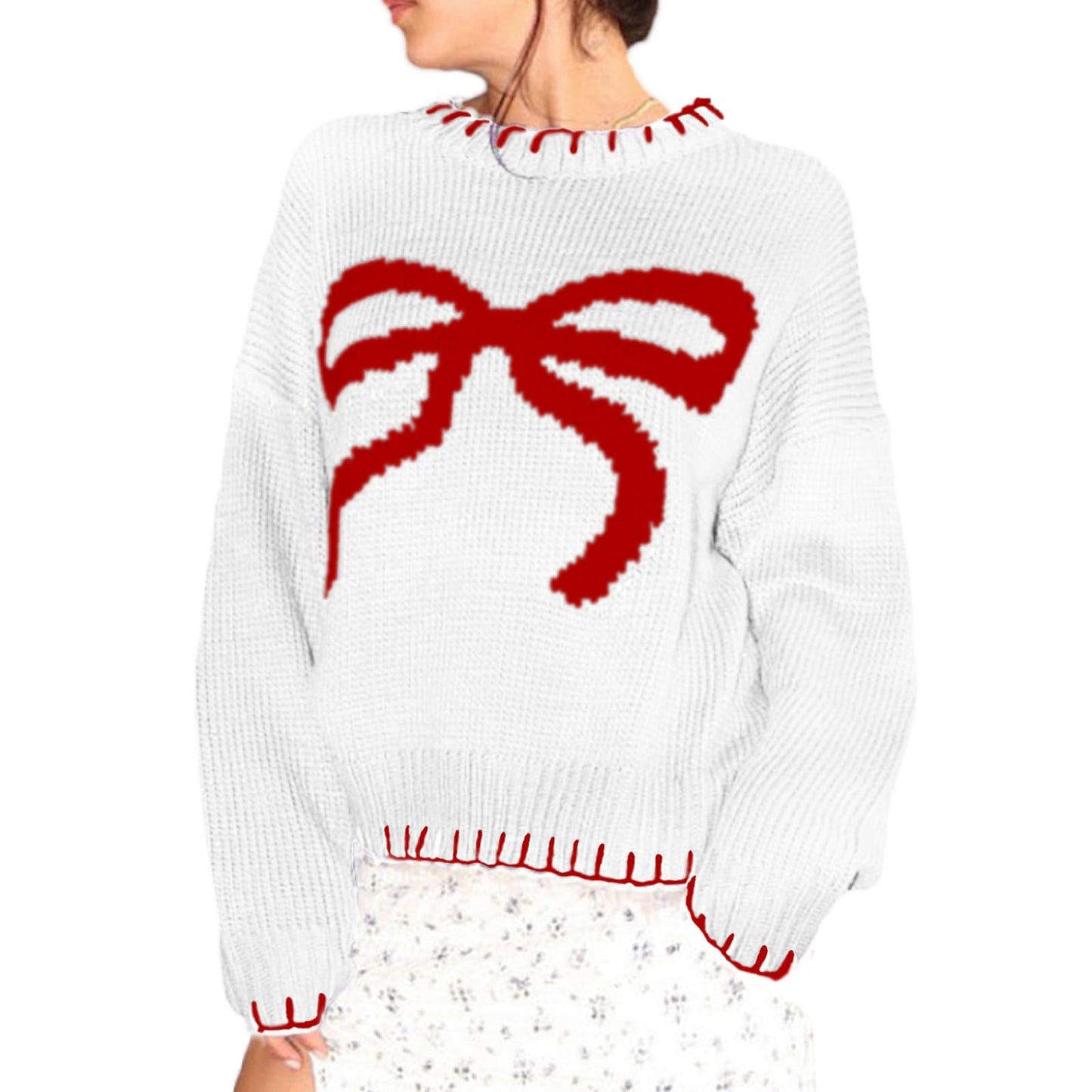 Women Oversized Y2K Fall Sweater Cute Bow Print Long Sleeve Cable Knit Pullover