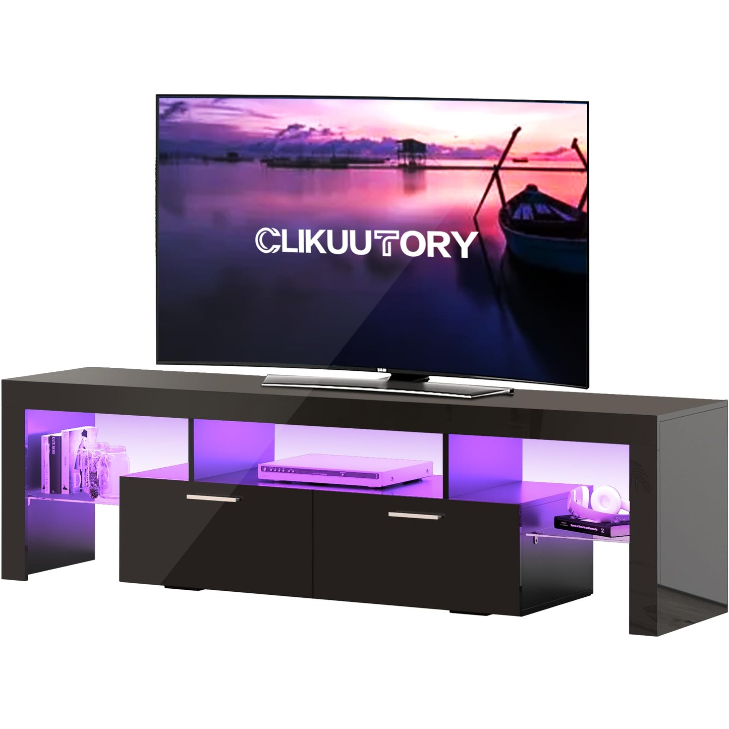 LED TV Stand with Large Storage Drawer -  Modern High Gloss TV Console Table with Entertainment Center