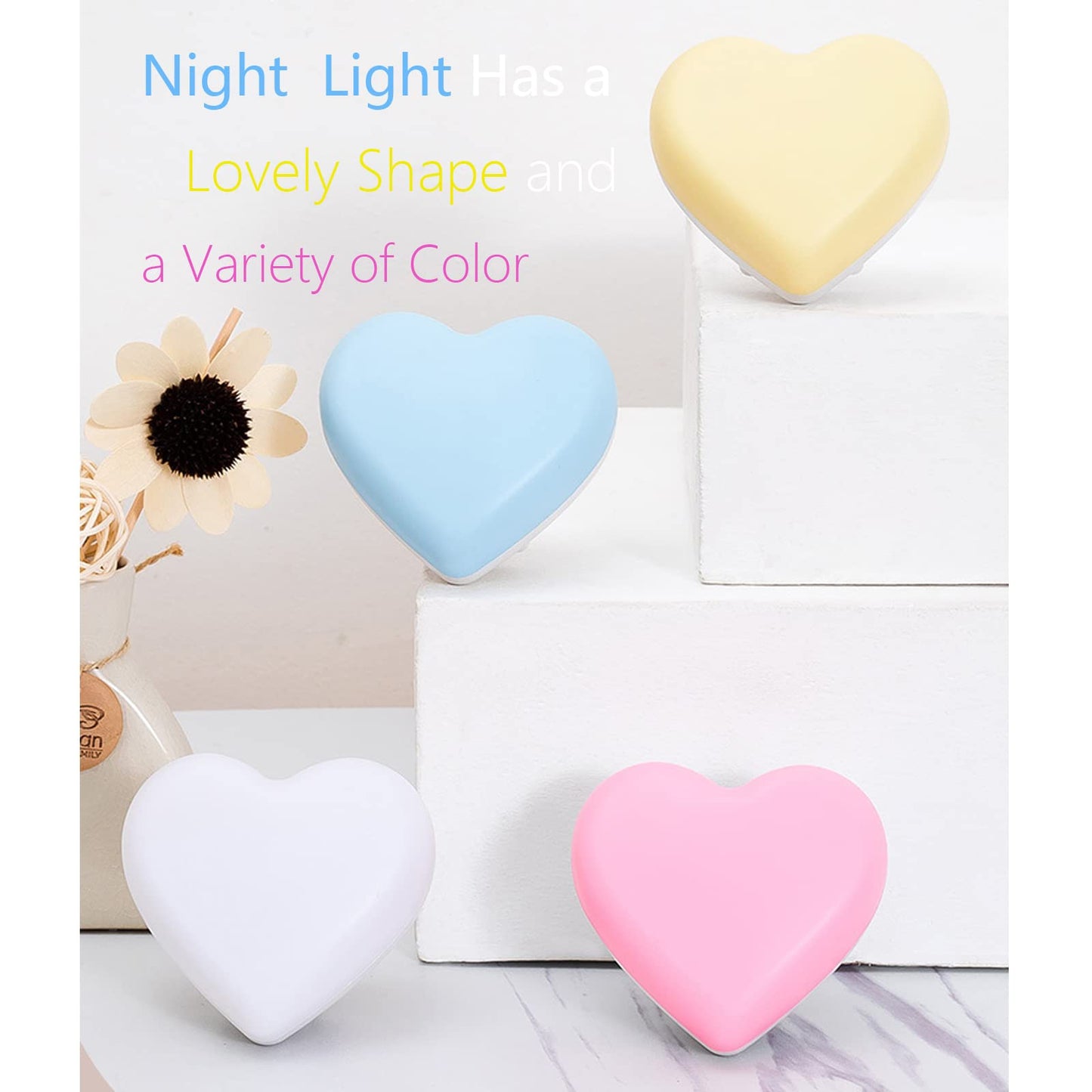 Cute Night Lights Heart Shape Nightlight with Light Sensors, Auto Soft Warm White