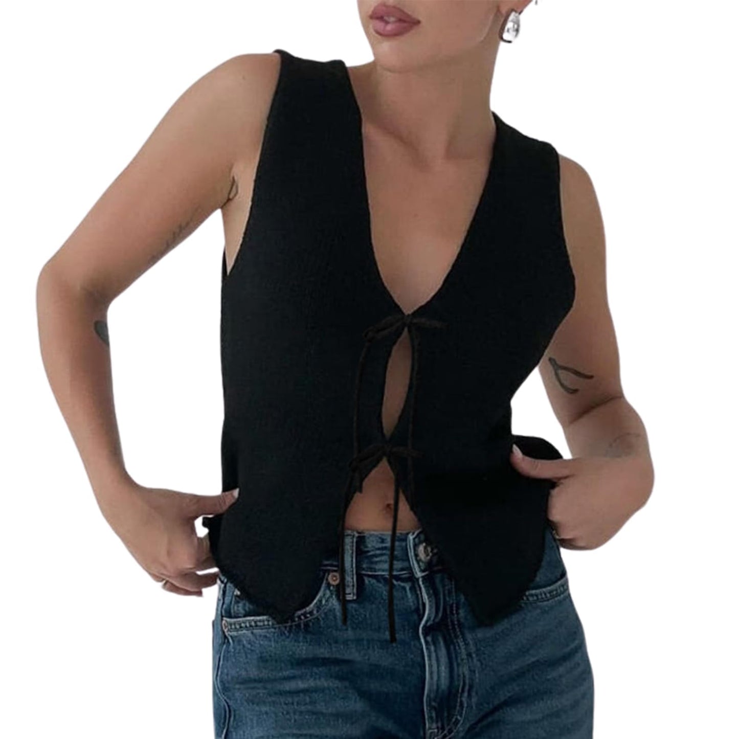 Y2k Button Down V Neck Sleeveless Crop Top Hollow Out Open Front Tank Crotchet