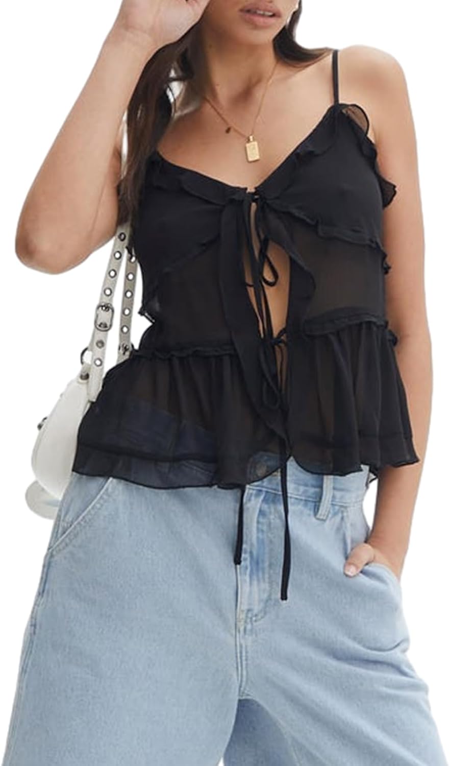 Women Ruffle Lace Patchwork Cami Tank Top Deep V Neck Backless A Line Camisole