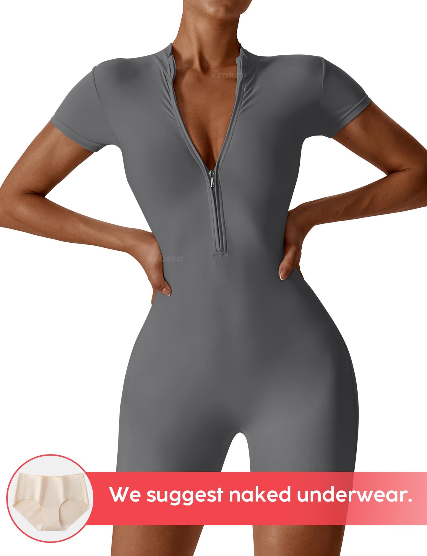 Women Short Sleeve Workout Jumpsuit - Sexy One Piece Zip Up Romper Bottom Shorts Bodysuit Bodycon