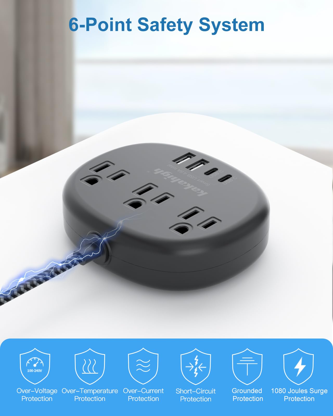 Cute Surge Protector – 5FT Flat Extension Cord, 3 Outlets, 4 USB Ports (24W)