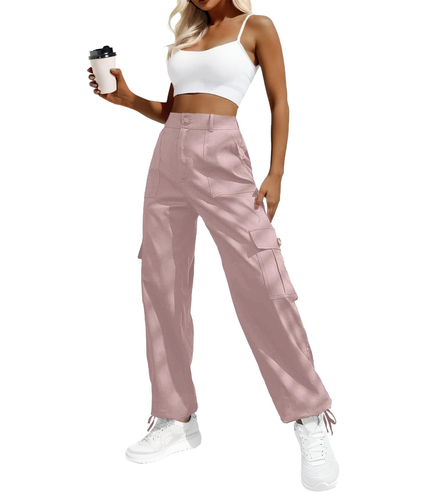 Women's High-Waisted Cargo Pants – Y2K Streetwear Baggy with 6 Pockets & Drawstring Cuffs